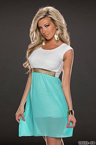 4380 Fashion4Young Damen Tailliertes, ärmelloses Minikleid Kleid dress verfügbar in 3 Farben 36/38 (36/38, Türkisgrün Weiß) - 2