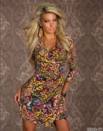 4898 Damen Tailliertes Minikleid in Wickeloptik Kleid verfügbar in 3 Größen 2 Farben (T1 = S = 36, Multicolor -1) - 2