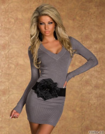 4968 Damen Langarm-Minikleid aus Strick Pullover dress Kleid verfügbar in 2 Größen und in 6 Farben (S/M 36 38, Grau) - 2