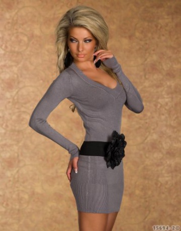 4968 Damen Langarm-Minikleid aus Strick Pullover dress Kleid verfügbar in 2 Größen und in 6 Farben (S/M 36 38, Grau) - 3