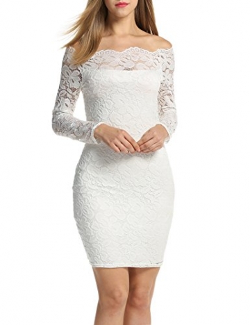 ACEVOG Damen Kleid mit floraler Spitze langärmeliges schulterfreies Kleid Bleistiftkleid Jumper Kleid Cocktail Kleid Paket-Hüfte Minikleid (EU 36(Herstellergröße_S), Weiß) - 