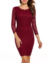 ACEVOG Damen Schulterfreies Spitzekleid mit Langarm Knielang sexy Partykleid Freizeitkleid (EU 38(Herstellergröße_M), Weinrot mit 3/4 Arm) -