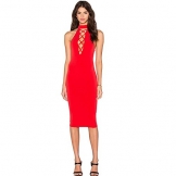 ALAIX Damen Hals hängendes aushöhlendes Bodycon Midi Bandage sexy Party-Kleid Rot-L -