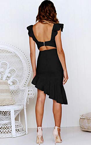 Angashion Damen Sexy Sommer Kleid V-Ausschnitt Armellos Rückenfrei Partykleid Unregelmäßig Abendkleider Schwarz S - 4