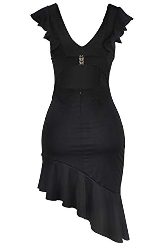 Angashion Damen Sexy Sommer Kleid V-Ausschnitt Armellos Rückenfrei Partykleid Unregelmäßig Abendkleider Schwarz S - 6