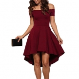 ASCHOEN Damen Schulterfrei Skater kleider Elegant Asymmetrisch Sexy Party Abendkleid Weinrot M -