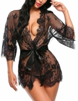 Avidlove Dreiteilig Nachtwäsche Negligee Kleid Gown Kurz Babydoll Erotik Lingerie mit G-String Gürtel Nachthemd Transparente Dessous Damen Sexy Robe Long Sleeve Sheer Mesh Lace-Trim S Schwarz - 1