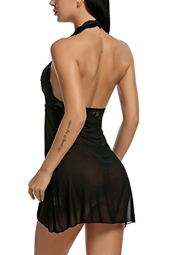 Avidlove Negligee Damen Nachtwäsche Nachtkleid Nachthemd Spitze Lingerie Dessous Reizwäsche Set Sleepwear Kleid, A-schwarz, L - 6