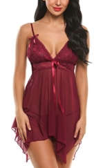 Avidlove Sexy Negligee Babydoll Unregelmäßiger Hem Nachtwäsche Spitze Dessous Kleid Nachthemd Lingerie Nachtkleid Reizwäsche G-String Sleepwear, Weinrot, M - 1