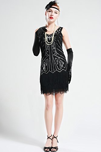 BABEYOND Damen Kleid Retro 1920er Stil Flapper Kleider mit Zwei Schichten Troddel V Ausschnitt Great Gatsby Motto Party Kleider Damen Kostüm Kleid (Schwarz, XXL) - 4