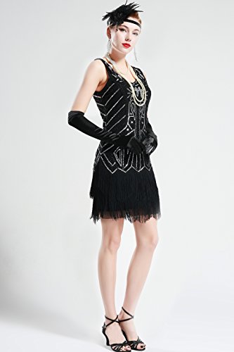 BABEYOND Damen Kleid Retro 1920er Stil Flapper Kleider mit Zwei Schichten Troddel V Ausschnitt Great Gatsby Motto Party Kleider Damen Kostüm Kleid (Schwarz, XXL) - 5