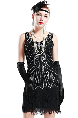 BABEYOND Damen Kleid Retro 1920er Stil Flapper Kleider mit Zwei Schichten Troddel V Ausschnitt Great Gatsby Motto Party Kleider Damen Kostüm Kleid (Schwarz, XXL) - 1