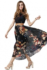 Babyonline Damen Sommer Kleid Dashiki Damen Blumen Strand Swing Neckholder Chiffon Kleid Lang Schulterfrei Ärmellos Druck Abendkleid Lang Schwarz M -