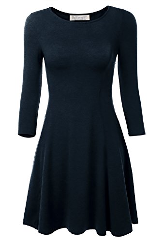 BAISHENGGT Damen Mini Skaterkleid Rundhals 3/4-Arm Fattern Stretch Basic Kleider Blau L - 1