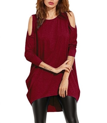 Burgund Damen Lose Asymmetrisch Schulterfrei Langarm Batwing Pullover Bluse Oberteile Oversized Tops T-shirt Minikleid (42, Burgund) -