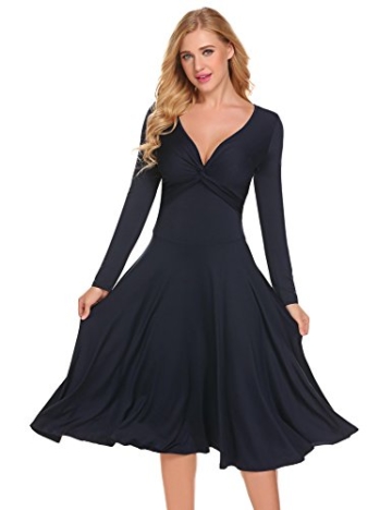 Damen Elegant Shirtkleid Langarm Maxikleid V-Ausschnitt Partykleider Abendkleid Festlich Swing Wickelkleid Wadenlang - 2