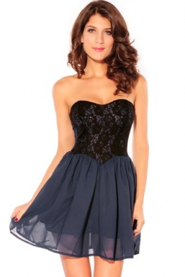 Damen Kleid Skater Kleid Bandeau Minikleid aus Tüll und Spitze mit Unterrock Einheitsgröse S-L (Blau) - 1