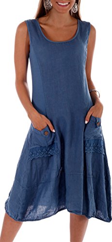 Damen Leinen Kleid ärmellos mit schönen Details (L = 38, Jeans Blau) -