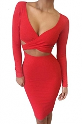 Damen Sexy V Ausschnitt Cut-Out Bandage Figurbetontes Knielang Abend Party Cocktailkleid Clubwear Langarm Bodycon Kleid Rot DE 34 -