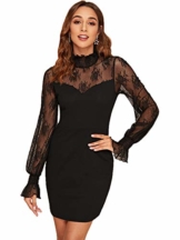 DIDK Damen Mesh Kleider Minikleid Cocktailkleid Etuikleid Party Business Elegant Bleistiftkleid Abendkleid Langarm Schmal Kleid Bodycon Schwarz#3 XS - 1