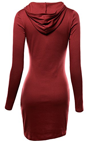 DJT Damen Langarmshirt Sweater Jersey Minikleid Freizeit Bodycon mit Kapuze Weinrot S - 2