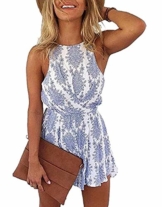 DRESHOW Damen Boho Jumpsuit Backless Kurz Sommer Strand Blumenmuster Trägerlos Spielanzug Overall (Blue, Small) - 1