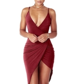 DRESHOW Damen Sexy Deep V-Ausschnitt Ärmelloses Spaghetti-Armband Bodycon Wrap Kleid Vorne Schlitzbandage Midi Club Kleid - 1