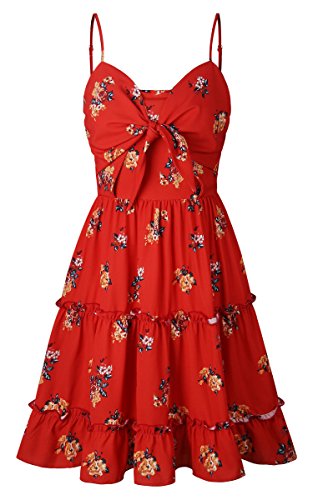 ECOWISH Damen Kleid Blumenkleid Sommerkleider Spaghetti-Bügel Bowknot Rückenfrei A-Linie Kleider Rot XL - 5