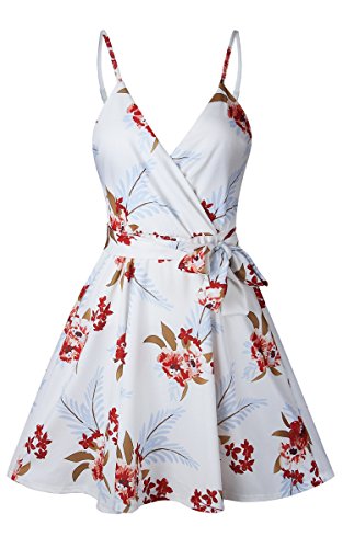ECOWISH Damen Kleid Sommerkleid V-Ausschnitt Ärmellos Blumendruck Spaghetti Strap Mini Swing Strandkleid Mit Gürtel Weiß M - 4