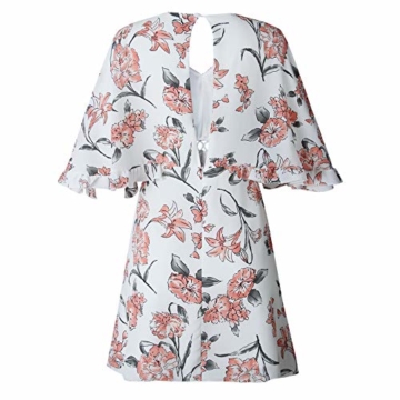 ECOWISH Damen Kleider V-Ausschnitt Sommerkleid Blumen Mini Strandkleid Boho Rüschen Fledermausärmel Freizeitkleider Rosa S - 6