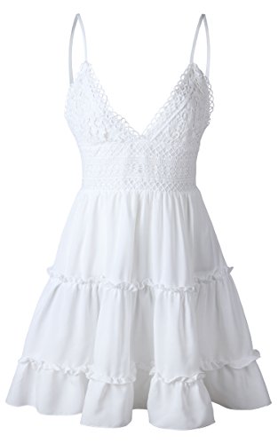 ECOWISH V Ausschnitt Kleid Damen Spitzenkleid Träger Rückenfreies Kleider Sommerkleider Strandkleider Weiß L - 2