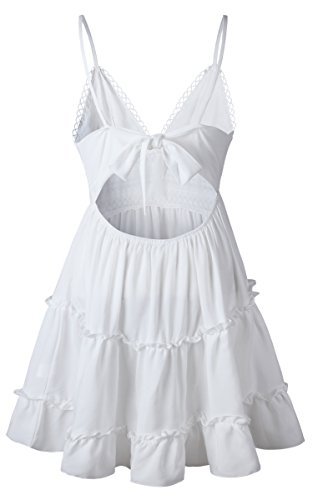 ECOWISH V Ausschnitt Kleid Damen Spitzenkleid Träger Rückenfreies Kleider Sommerkleider Strandkleider Weiß L - 6