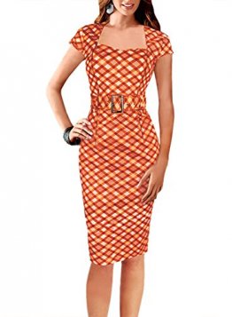 Fordestiny Damen Kurzarm Schleife Cocktailkleid 1950er Jahre Business Stretch Kleid mit Gürtel Orange Large -
