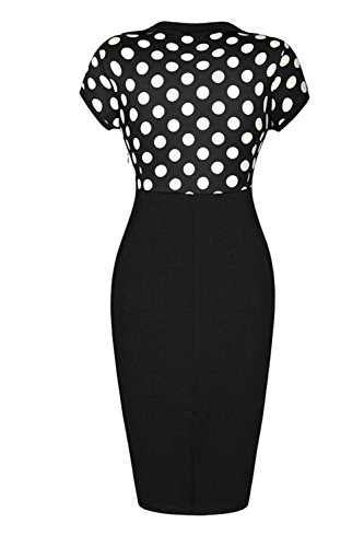 Fordestiny Damen Revers Kurzärmel 1950er Jahre Retro Cocktailkleider Polka Dots Party Abend Kleid XL Schwarz - 2