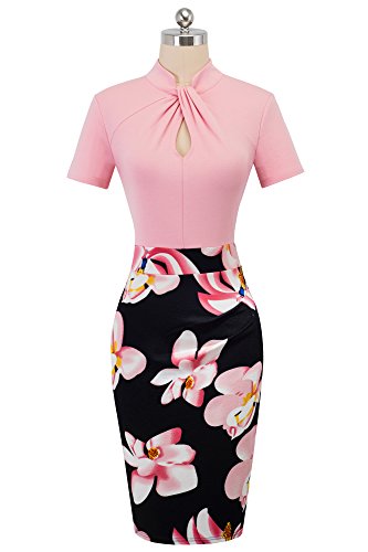 HOMEYEE Vintage Bodycon Kleid Blumenmuster Hellrosa 4