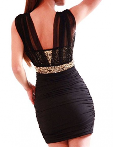HOUSWEETY Sexy schwarz Damen Rückenfrei Pailletten Kleid Minikleid Party Abendkleid Cocktailkleid Dress Skirt S - 2