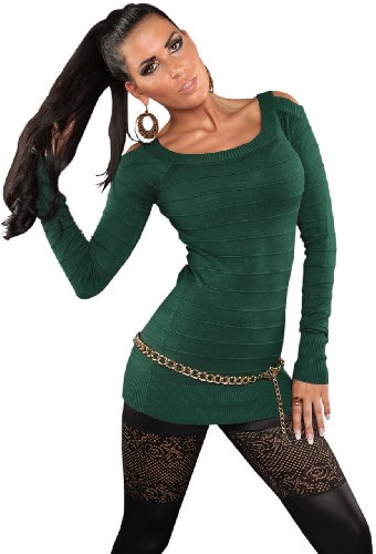 Koucla Damen Pullover mit freien Schultern & dezenter Streifen-Optik Einheitsgröße (32-38), grün - 2