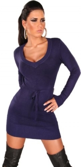 Koucla Damen Strickkleid & Pullover langärmelig mit V-Ausschnitt & Gürtelband Einheitsgröße (34-40), blau - 1