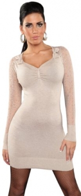 Koucla Damen Strickkleid & Pullover mit V-Ausschnitt & Spitze Einheitsgröße (34-40), beige - 1