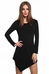 Meaneor Damen Langarmshirt Langarm Asymmetrisch Tunika Tops Regular Fit O-Ausschnitt Stretch Minikleid Schawrz Gr.38 - 1