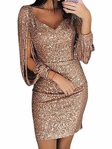 Minetom Robe Femme Sexy Slim Couleur Unie Robe Soirée Manches Longues à Franges Robe Cocktail Col V Robe Moulante à Paillettes Gold DE 36 - 5