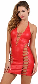 Miss Noir Damen Rückenfreies Kleid im Wetlook V-Ausschnitt Stretchkleid Clubwear Lederlook Schwarz und Rot (S/M, Rot) - 1