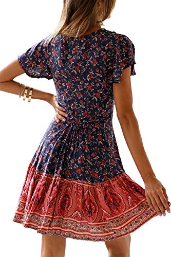 MisShow Damen Kleider mit Blüte Drucken Kurz Sommerkleid Strandkleider Cocktailkleid Gr. S - 3