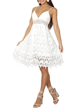 Missy Chilli Damen Midi Kleid Sommer Sexy Elegant Ärmellos V Ausschnitt Rückenfrei Spitz Knielang Kleid Party Kleid Dress Hochzeit Weiß - 1