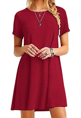 OMZIN Damen Sommerkleid Lockeres Shirtkleid Basic Longshirt Rund Ausschnitt T-Shirtkleid,Rot,S - 1