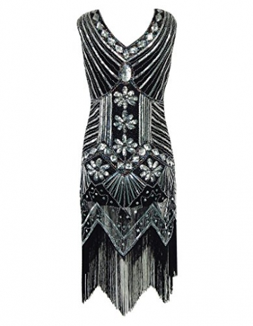 OOFIT Damen 1920er Gatsby Pailletten Kleider, V-Ausschnitt Perlen Franse Flapper Charleston Kleid, Schwarz, Gr.XL(EU42) - 