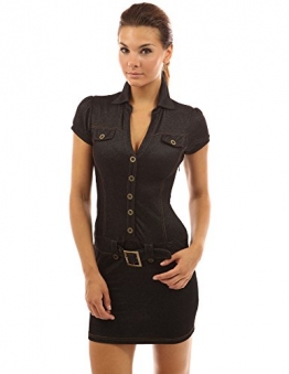 PattyBoutik Damen Jeans Style V-Ausschnitt Polo Kragen Minikleid mit gefälschten Taschen und Gürtel verziert (schwarz 40/M) -