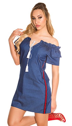 Rassiges Carmen-Minikleid mit Kurzen Volant-Ärmel und Kontrast-Streifen M/L - 2