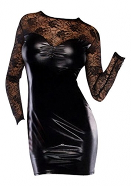 Sehr reizvoller Faux-Leder / PVC Clubwear Spitzeneinsatz Kurze Kleid eine Größe Erotik - 1