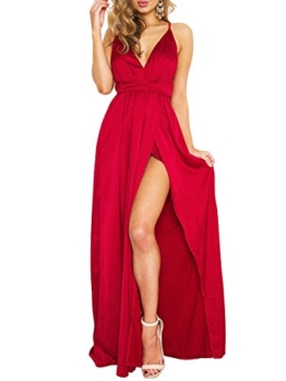 Simplee Apparel Damen Partykleid Sexy V-Ausschnitt Rückenfrei Maxi Lang Satin Träger Kleid Abendkleid Cocktailkleid Rot - 1